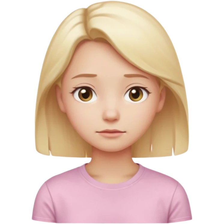 A cute emoji-style girl with light blonde hair and a soft pink t-shirt, looking thoughtfully into the distance, gentle expression, slightly furrowed brows, dreamy eyes, clean white background, simple and smooth vector-like design, pastel tones, 2D flat illustration, high clarity, emoji aesthetic emoji