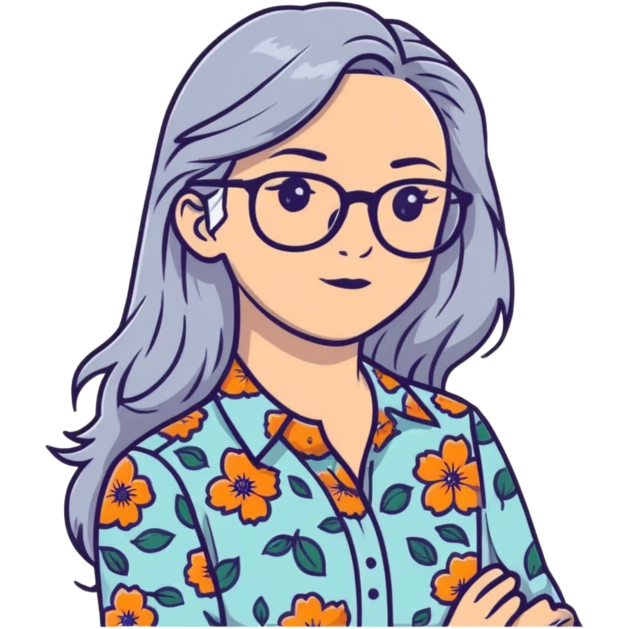 Hippie woman with long flowing gray hair and glasses wearing floral shirt emoji