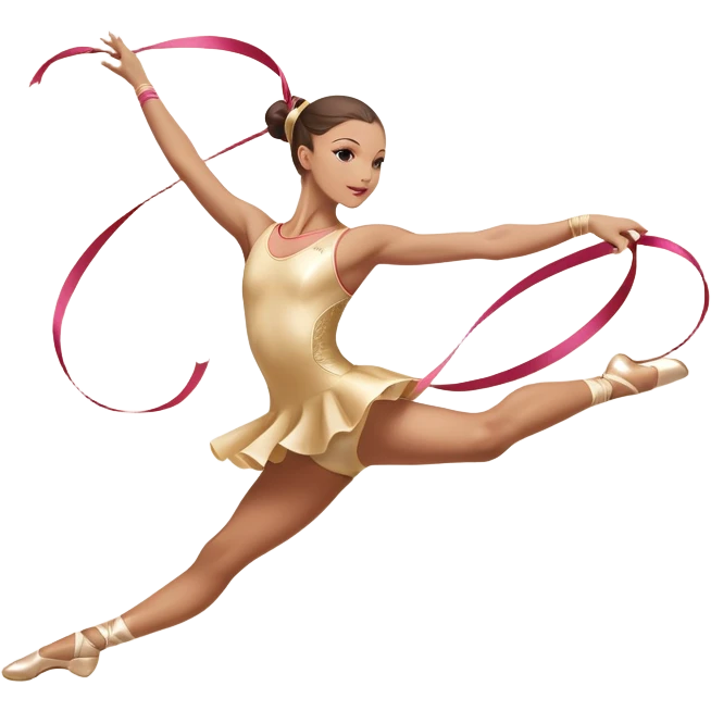 A graceful rhythmic gymnast performing with a flowing ribbon, executing an elegant leap mid-air. The pose exudes flexibility, balance, and artistry. The background suggests a competition arena with soft lighting, emphasizing movement, precision, and the beauty of the sport. emoji