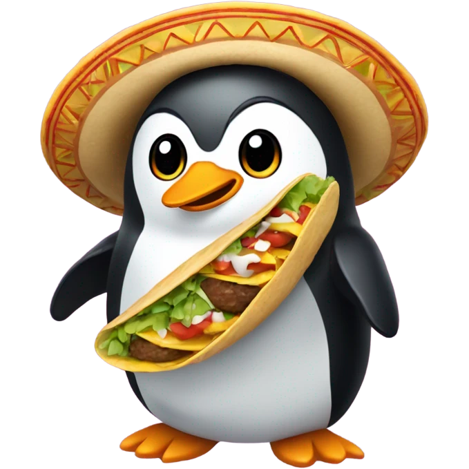 Penguin with curly hair and holding a taco with a sombrero on its head emoji