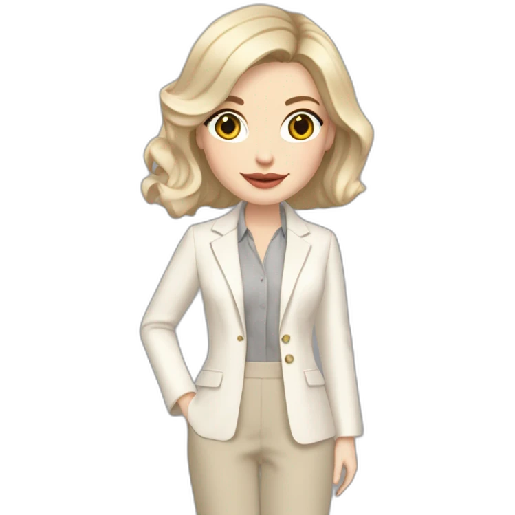 pale skin woman with ash blonde Straightened bob Hair, White Spacious classical jacket, beige palazzo Arrow pants and gray blouse holding a color palette in the hands emoji