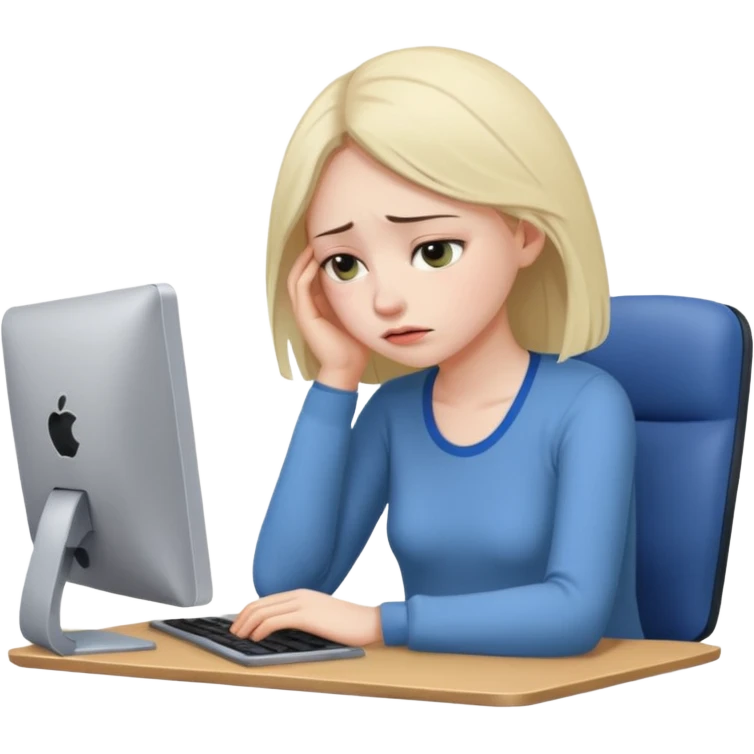 Девушка, которая устала учится и в депрессии, сидя за компьютером  emoji