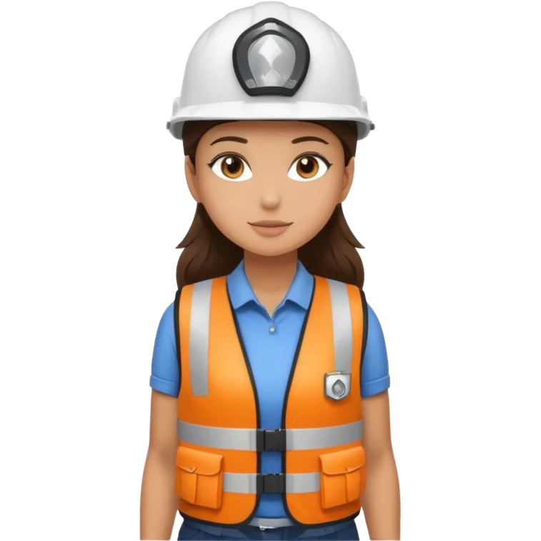 Brunette brown Girl full body standing with her white security helmet and security vest that fits her big on, also with her black backpack. Full body emoji