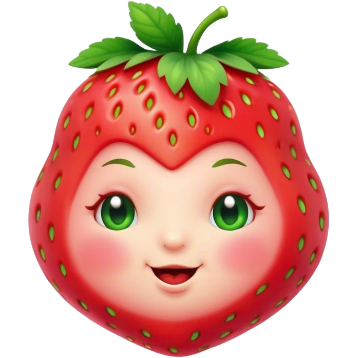 Cinematic plump happy strawberry, glossy bright red, tiny round eyes and blushing cheeks, green leafy top slightly tilted, cheerful and charming. emoji