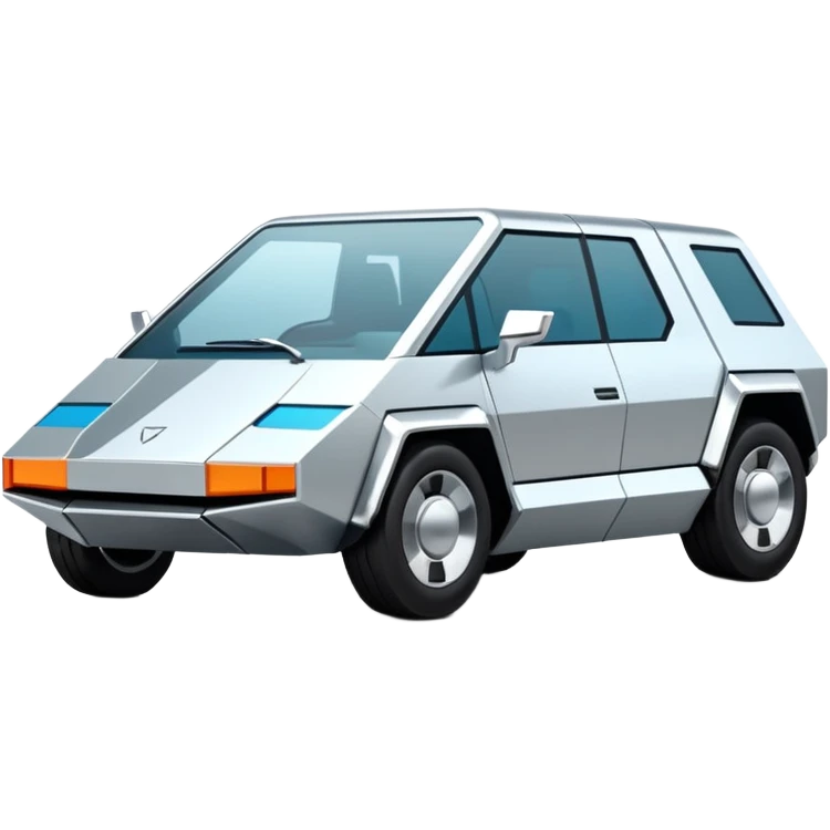 A futuristic chrome car emoji, sharp geometric body design inspired by cybertruck aesthetics, smooth silver metallic surface, matte and glossy chrome mix, minimal details, soft reflections, clean edges, iOS emoji style, centered, clean white background, soft studio lighting, no text emoji