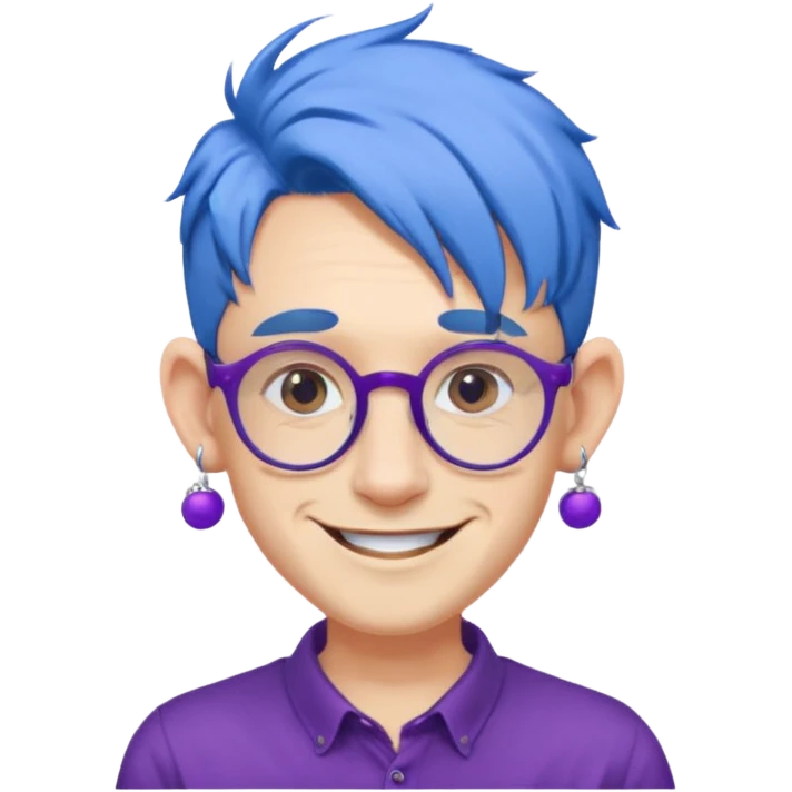 blue haired man with big ears and purple earrings and spectaclesi happy emoji