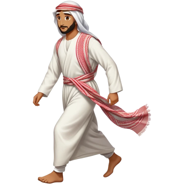 Arab man walking, traditional thobe and keffiyeh, mid-stride emoji