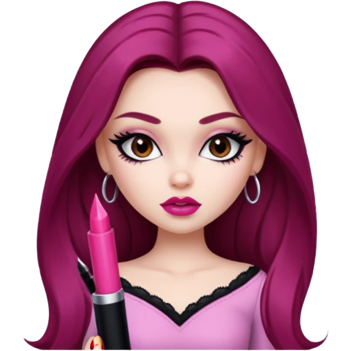 pale skin, girly bratz baddie, beautiful dark brown eyes, sharp black eyeliner, long dark red hair emoji