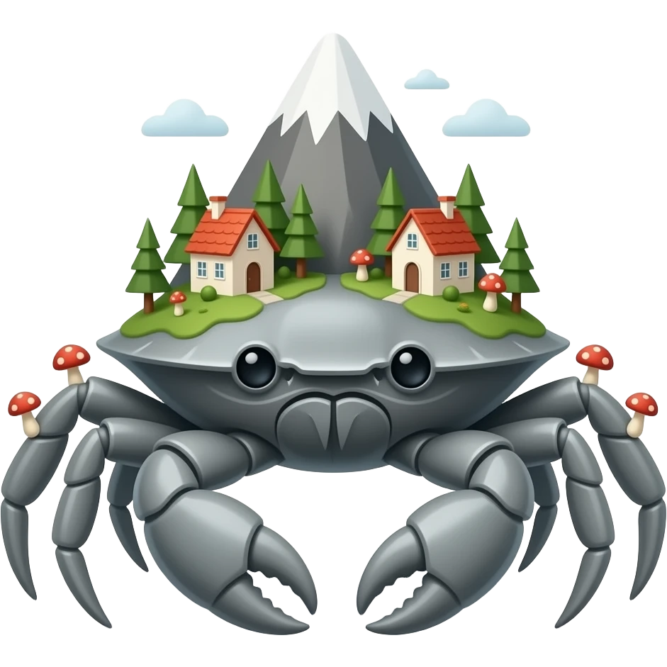 A Gray crab with houses on top of its  in trees on it and also with mushrooms on it  facing forward Giant by a mountain emoji