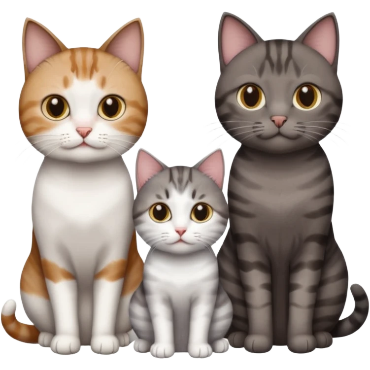 3 different coloured short haired cats including; a dark brown tabby and white cat, and a dark grey and white  emoji