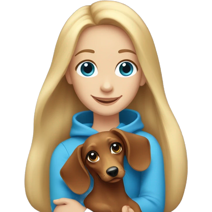 a smiling girl with blonde long hair and blue eyes holding a long haired dachshund in her arms emoji