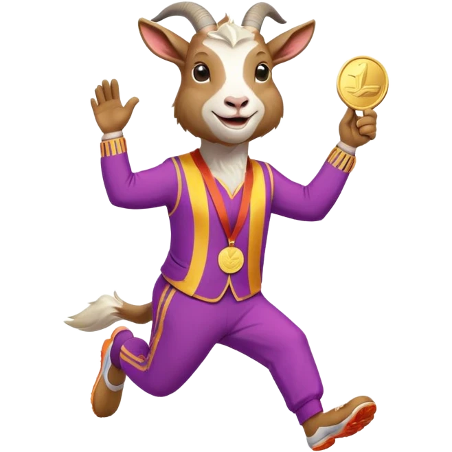 friendly anthropomorphised goat jogging upright in a colourful suit, holding up a medal, relaxed pose emoji