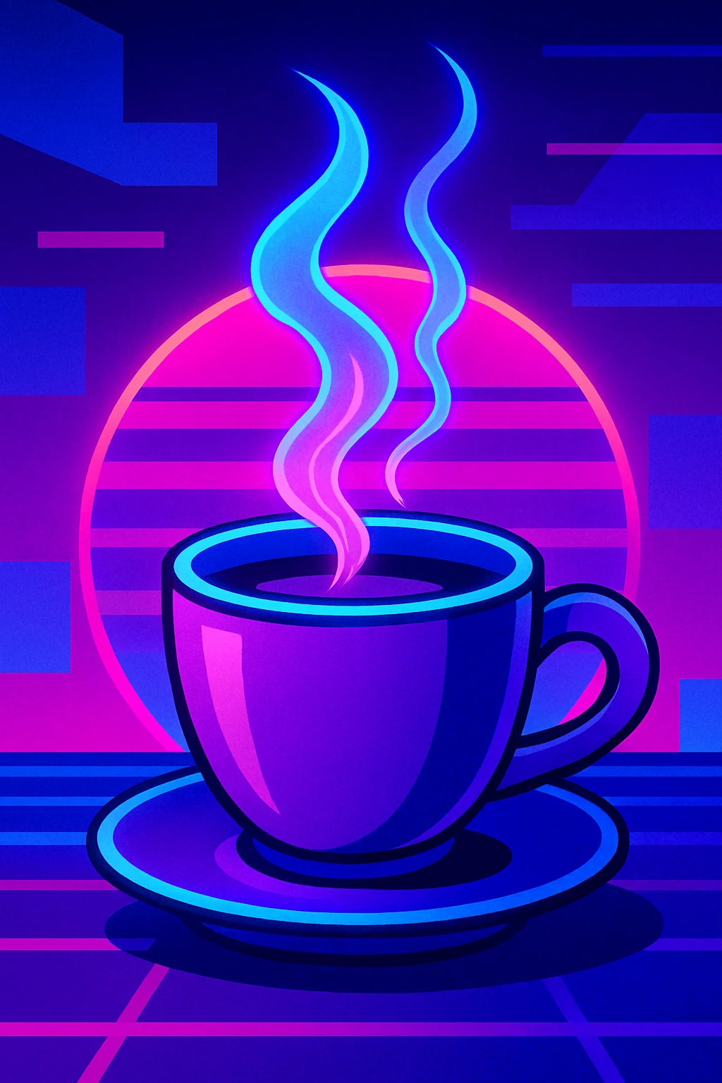 coffee cup in synthwave style, purple and blue gradients, glowing steam, 80s vibe emoji