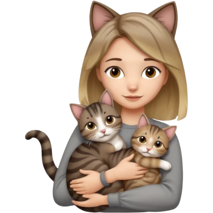 Une femme avec les cheveux dégradée, brun et blond, qui fait un câlin à son chat qui est gris, tigré avec les extrémités oreille patte et queue noir  emoji