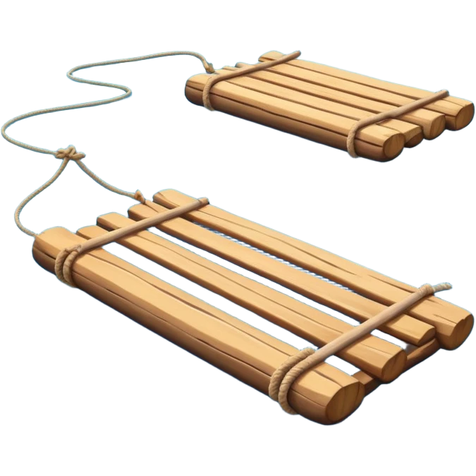 showing a simple wooden raft floating on calm blue water — made of several brown logs tied together with rope — gentle ripples around it — bright, cheerful lighting and soft shadows — minimalist, clean emoji design emoji