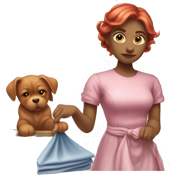 "A beautiful girl with red hair and fair skin, wearing a pink dress, cleaning another dress with a cloth. She is focused on the task and looks determined."






 emoji