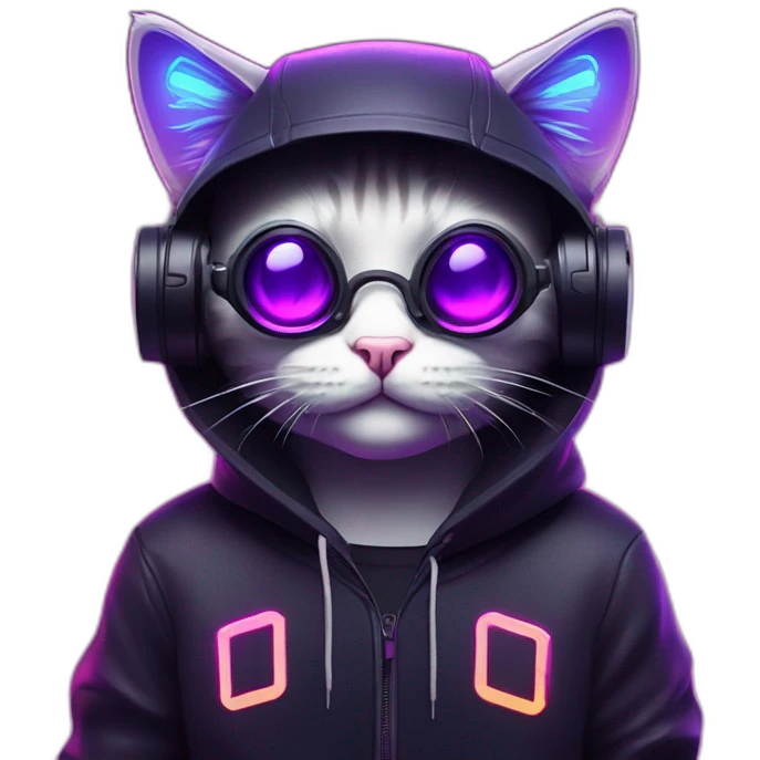 funny cat wearing a black hoodie with "OMG" letters on it and VR headset in a cyberpunk VR environment with violet neon lighting. emoji
