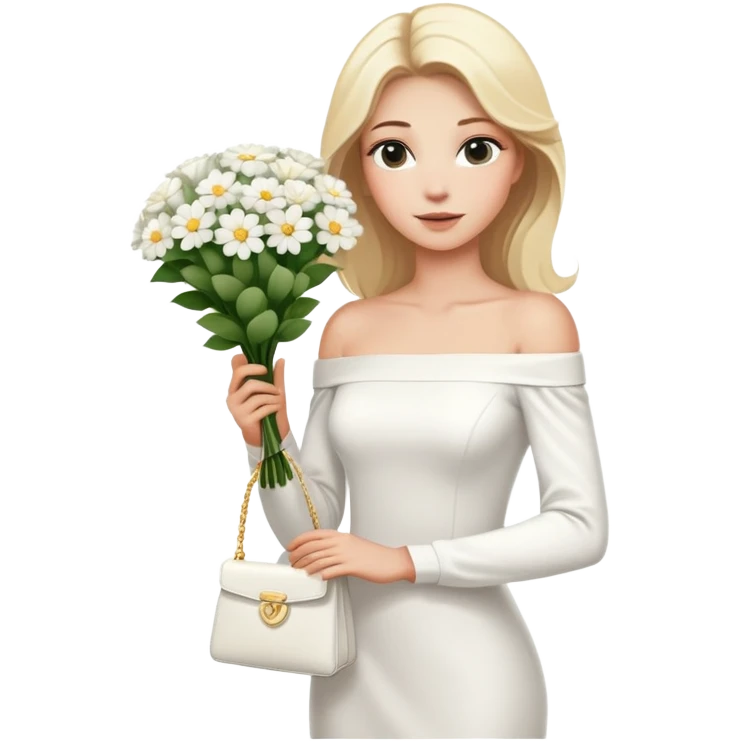 blonde woman in a white off-shoulder dress with long sleeves and a bouquet of white flowers in a white bag in her right hand emoji