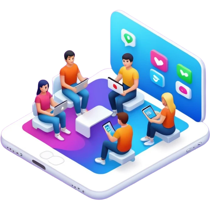 isometric, image of multi-channel experience with Teams, Mobile, Chat, Portal emoji