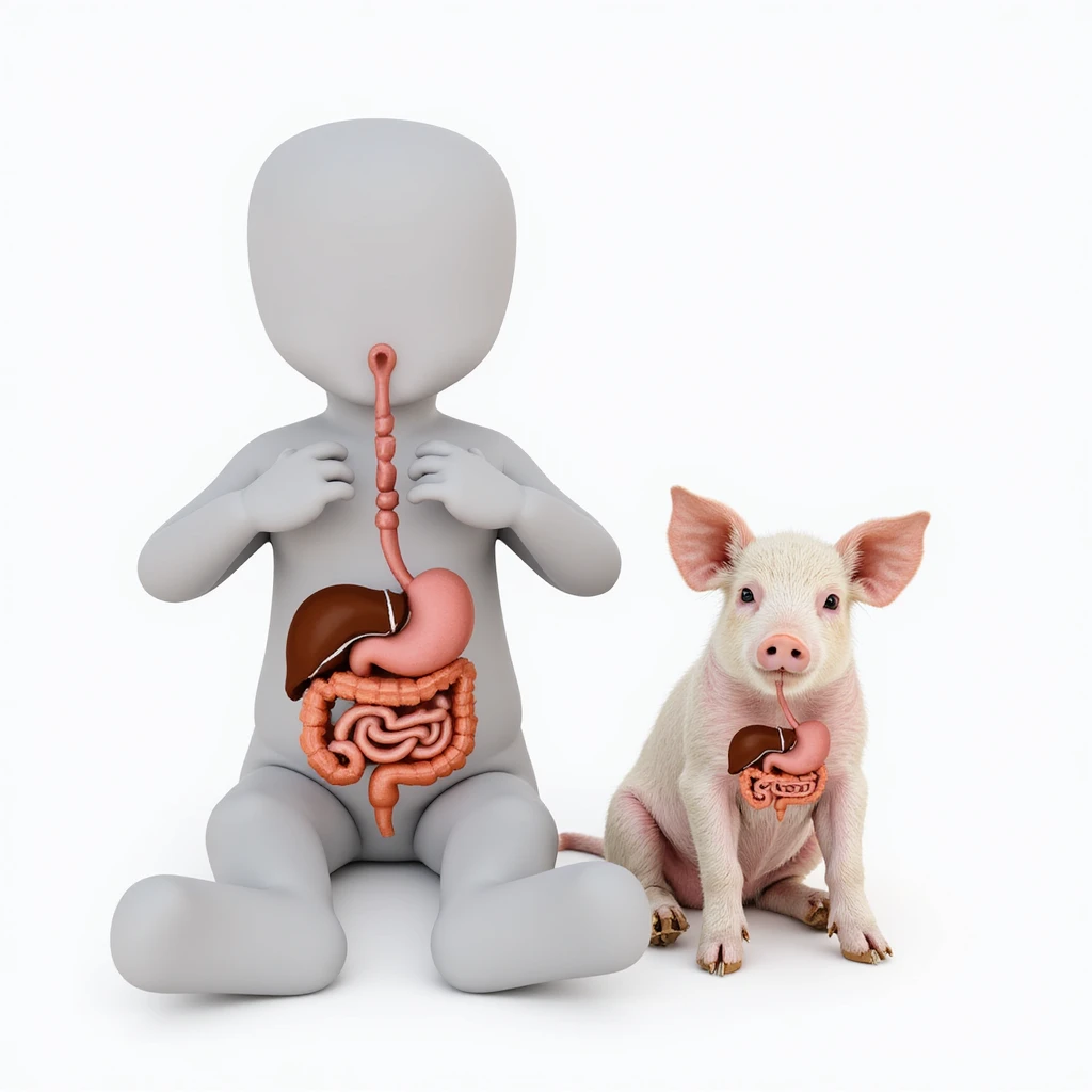 human and pig sitting, diagram overlays showing similar position and shape of stomach intestines and liver, white background, hyperrealistic 4K emoji