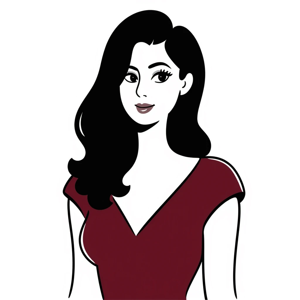Sophisticated woman in her 30s with bright complexion, defined features, almond eyes with bold eyeliner and notable lashes, medium-thick eyebrows, straight elegant nose, thick bright red lips, voluminous dark straight hair with soft waves at ends, wine red velvet V-neck dress emoji