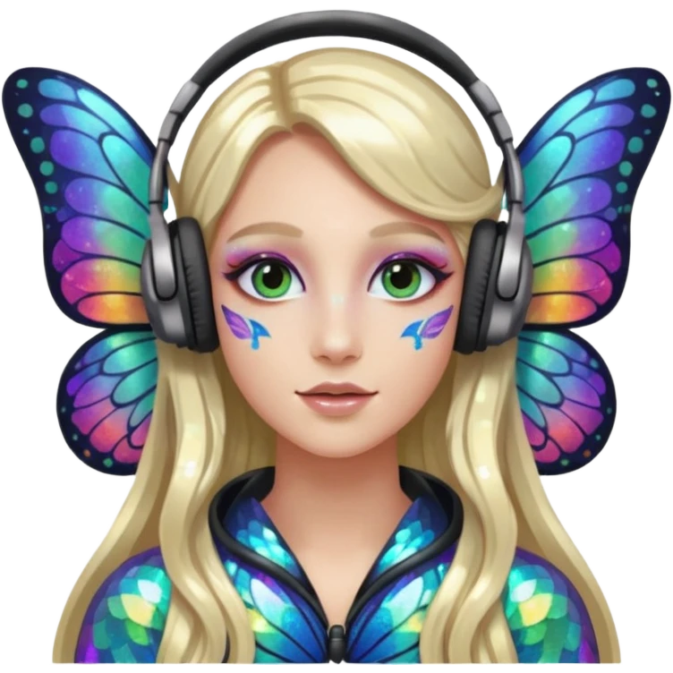 long haired make glitter makeup fairy wearing headpones wing butterfly wings  emoji