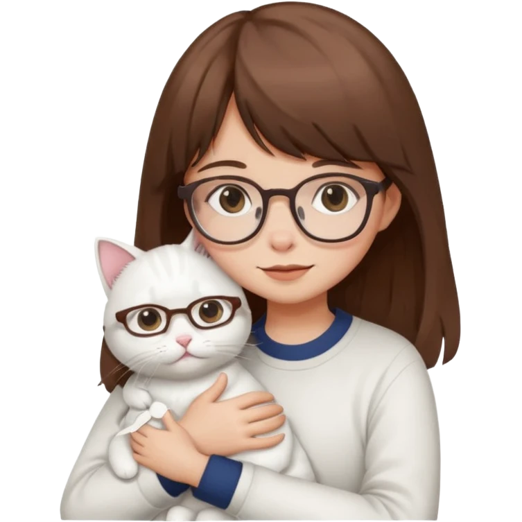 Cute girl brown hair have bangs and glasses hugging white cat emoji