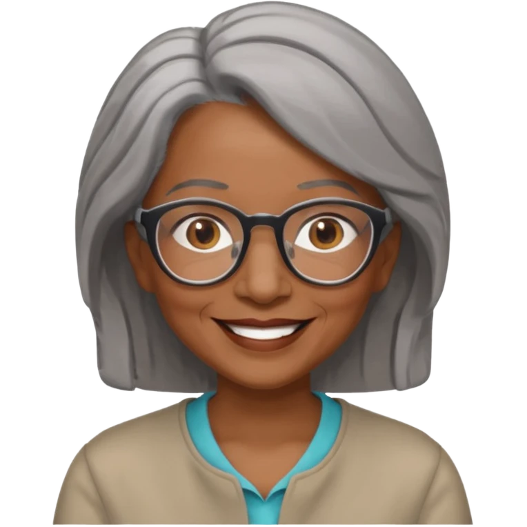 Older woman of color with gray shoulder length  hair and glasses and smiling emoji