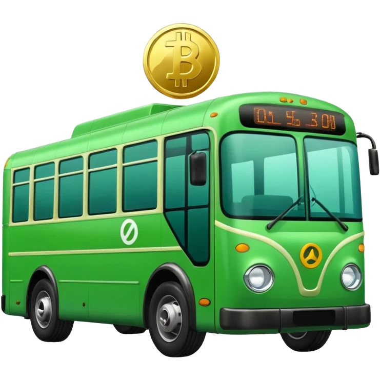 green electric bus with a shiny coin marked 0€, no text on the bus emoji
