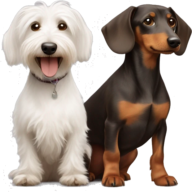 Scruffy white terrier dog and smooth coat brown dachshund dog who are friends  emoji