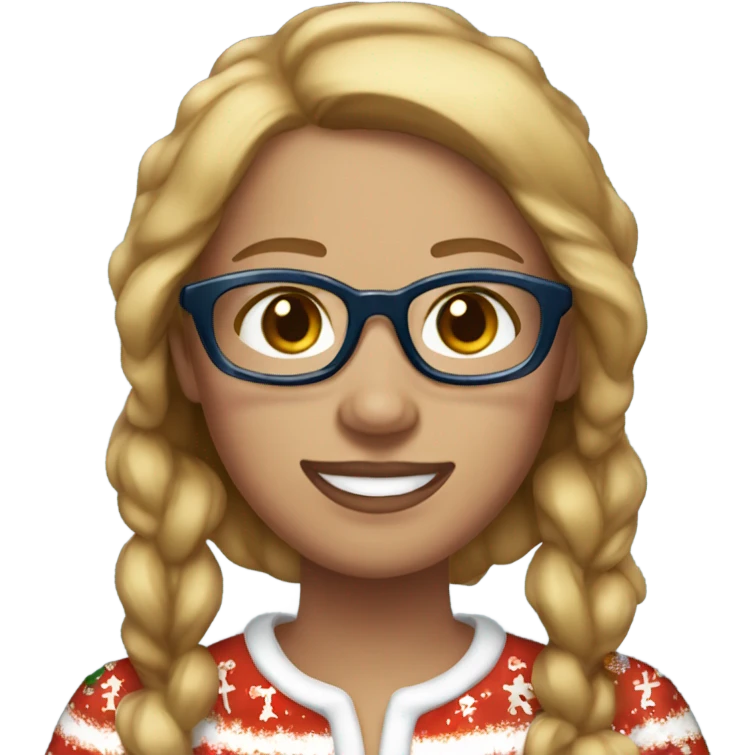 A woman wearing gingerbread Christmas pajamas, pretty, medium blonde hair, blue eyes, glasses, white teeth, freckles emoji