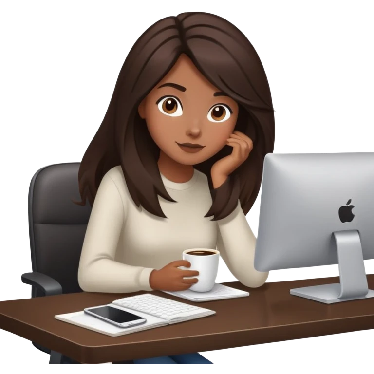 girl with dark brown/black hair with fresh blowout sitting at a desk with coffee and computer emoji