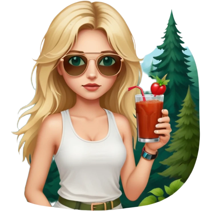 girl with long blond messy hair
with blue eyes
and aviator sunglasses
wearing white tank top 
holding bloody mary
wearing (rose gold apple watch with forest green band) emoji