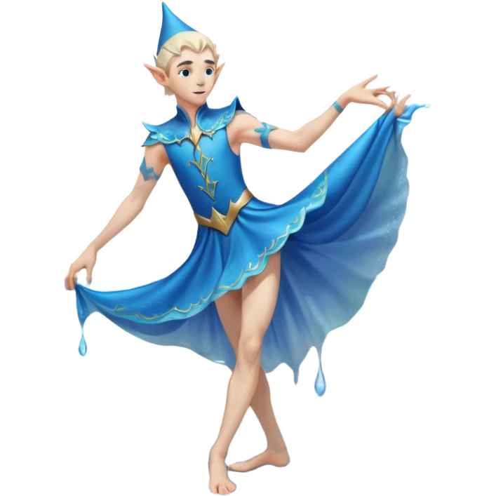 elf male dancer with water-like dress, graceful pose on wet sand, splashes, pointy ears, serene expression, centered emoji, ethereal blue colors emoji