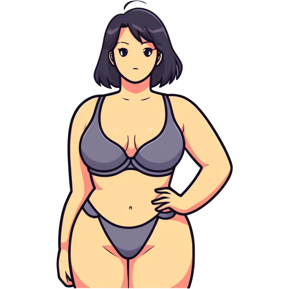 anime style woman with exaggerated proportions, large chest, wearing a bra emoji