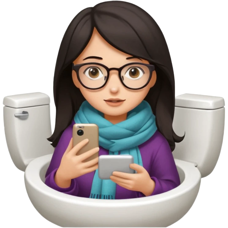 Fille châtain foncé avec lunettes. Elle porte une grosse écharpe. Elle est dans une cuvette de toilette. Téléphone en main. Realiste emoji