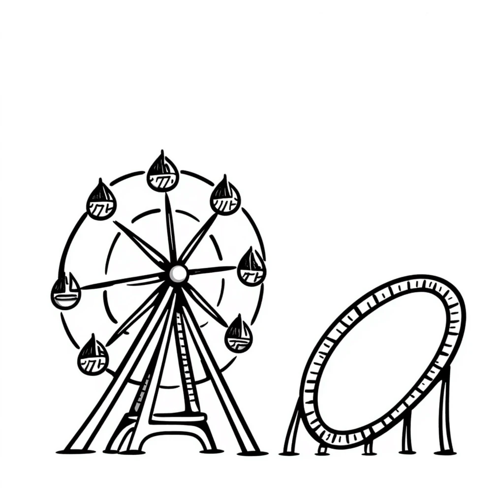 Hand-drawn amusement park with ferris wheel and roller coaster emoji
