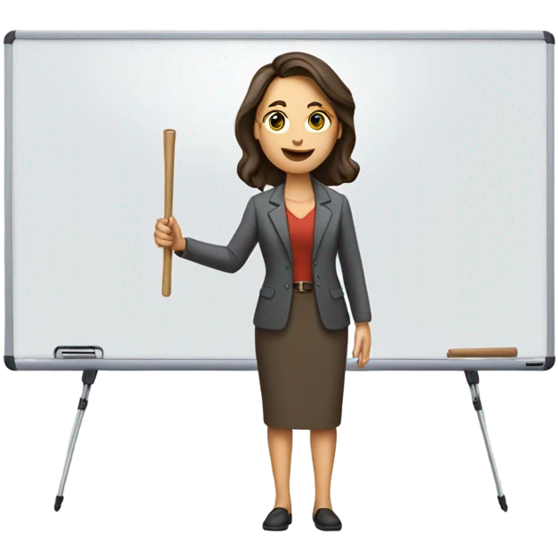 apple style emoji: brunette white woman as a teacher, with a stick in the hand and a whiteboard emoji