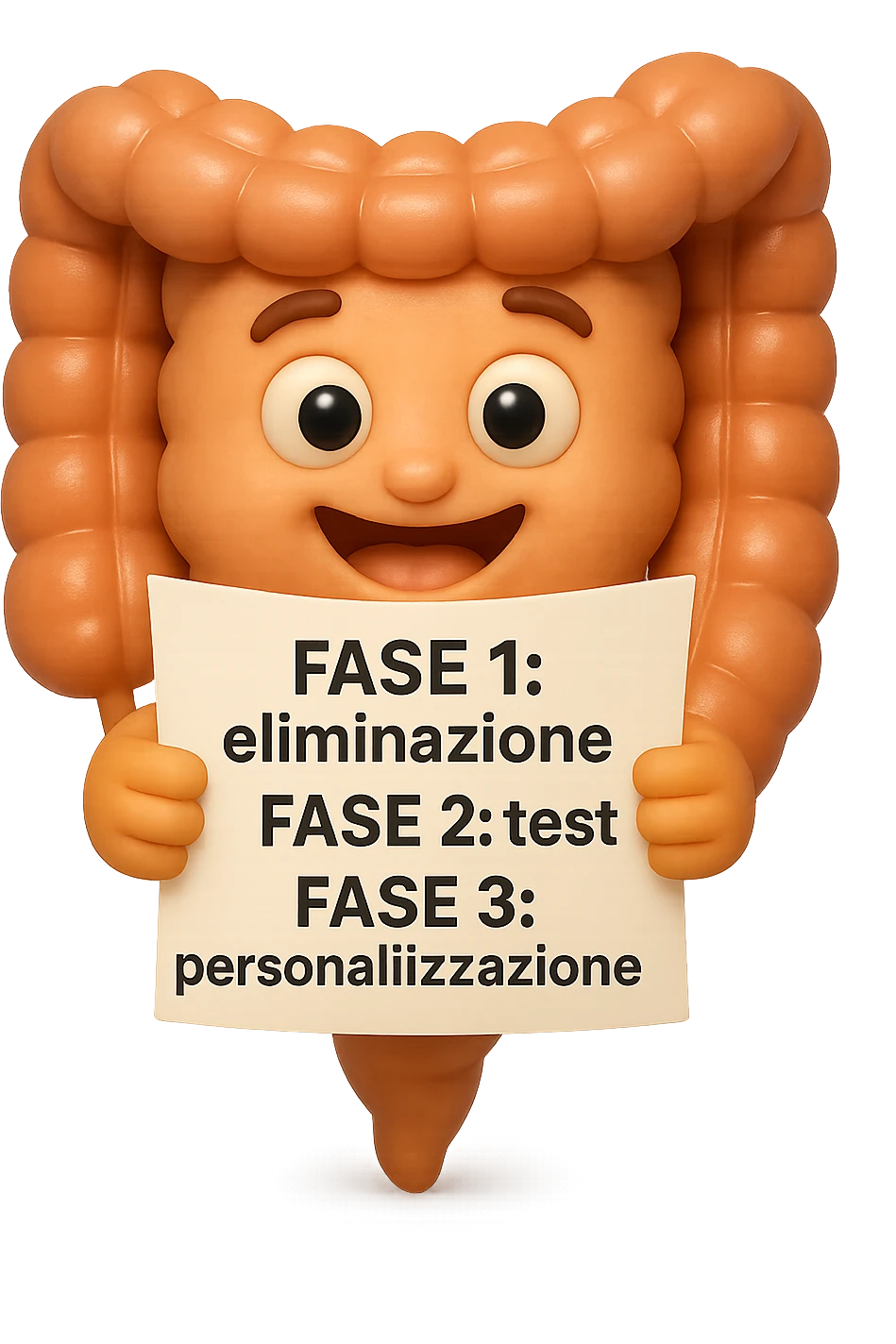 emoji stile iphone 3d di un intestino che tiene in mano un foglio con la scritta "FASE 1: eliminazione, FASE 2: test, FASE 3: personalizzazione, IPERREALISTICO 4K emoji