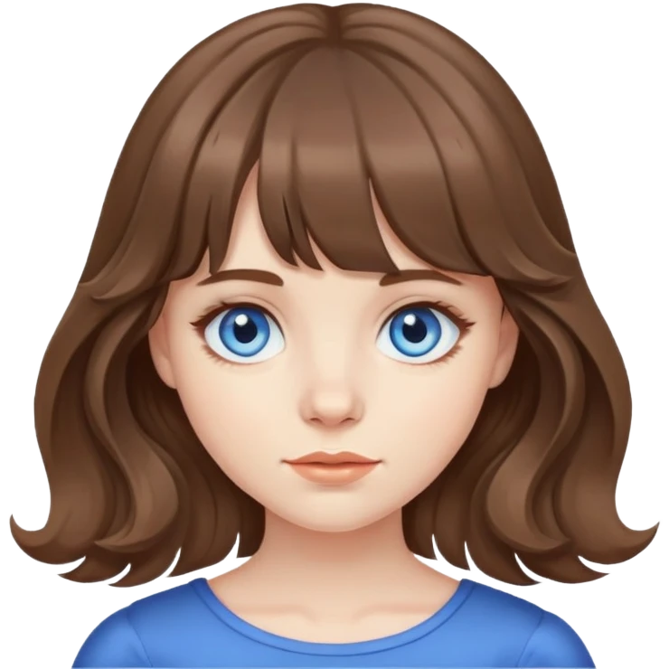 A pale girl, wavy brown hair with curtain bangs, blue eyes  emoji