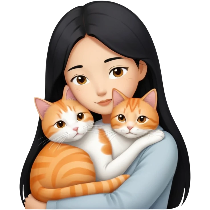 Young Asian woman with long straight black hair cuddling a white and orange tabby cat, gentle embrace, affectionate pose emoji
