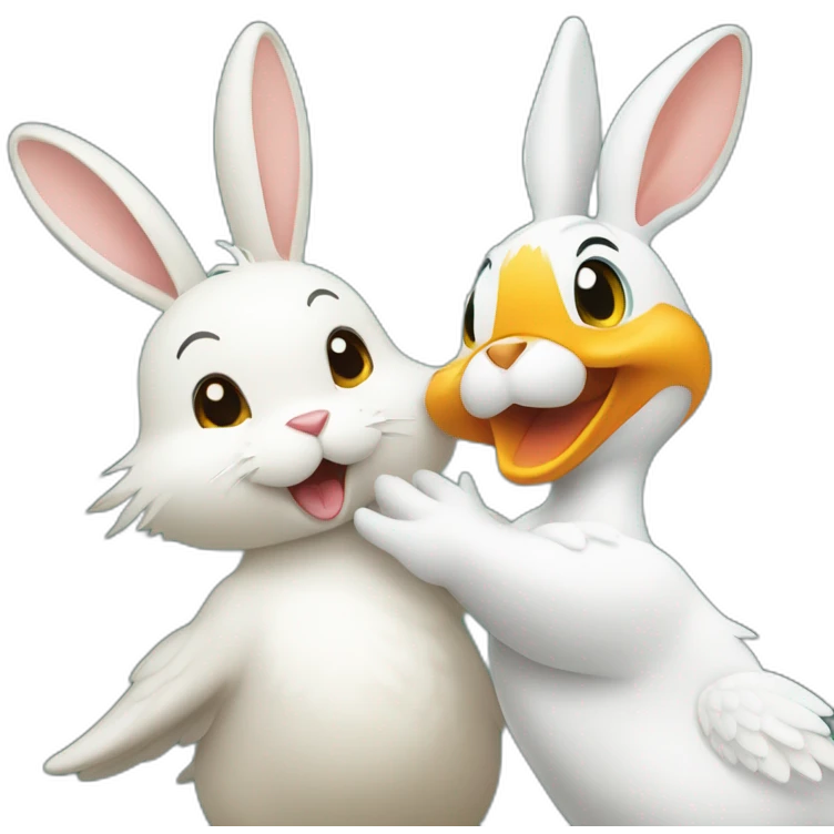 mallard duck and white rabbit giving each other a high five emoji