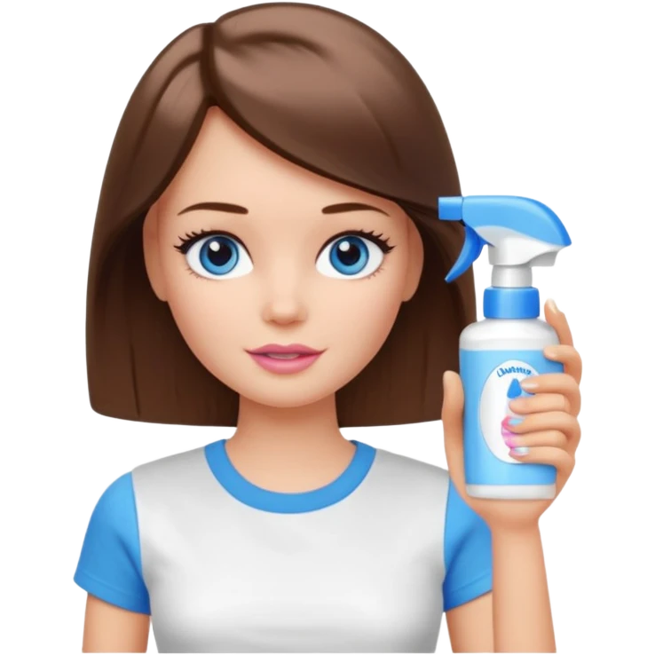 Barbie girl with makeup, blue eyes , and bob long haircut, short brown hair in white T-shirt, face Wash Cream emoji