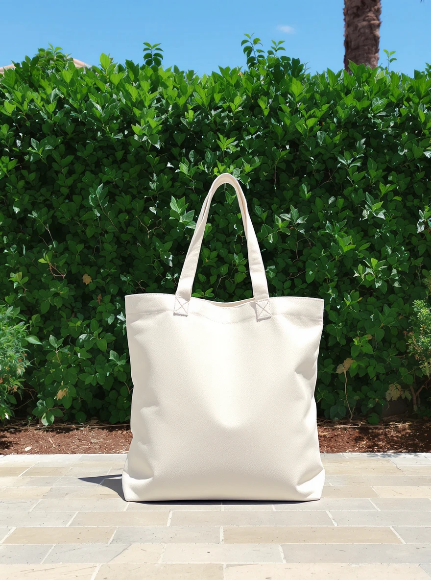 High-resolution mockup of a minimalist canvas tote bag, placed perfectly centered on the canvas. The tote bag is made of natural cotton fabric, light beige color, with a simple and elegant look. Background features a deep green organic bush, clean blue sky above, bright daylight, emoji