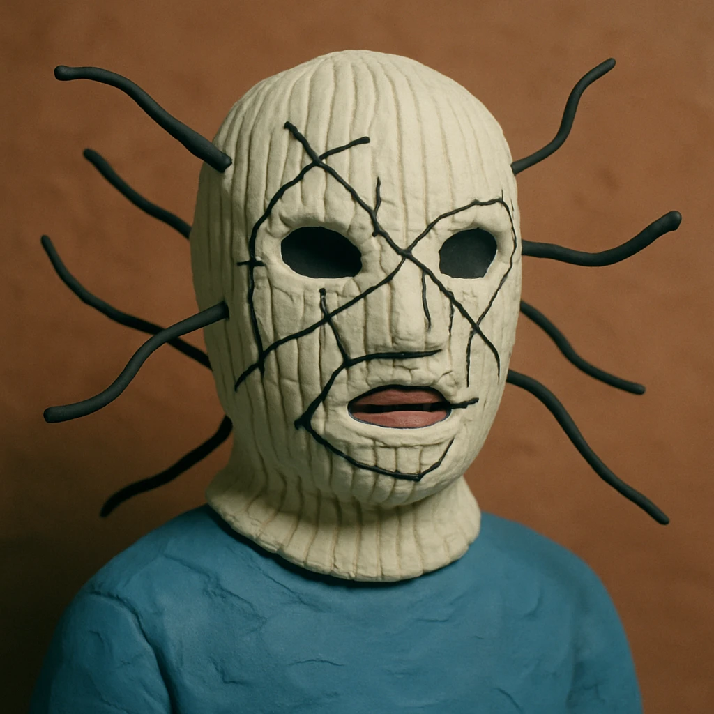 The mask is a full-head, white knitted balaclava with a tight ribbed texture. It features two asymmetrical eye openings and a partially exposed mouth area. Black thread is stitched across the surface in chaotic, abstract lines that trace facial features, giving a hand-drawn effect. Several black cords extend outward from the mask, varying in length and direction, adding a sculptural, almost organic appearance. The overall look is bold, handcrafted, and visually striking. emoji
