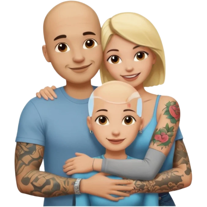 throuple tatted bald boyfriend with two girlfriends blonde and brunette loving  emoji