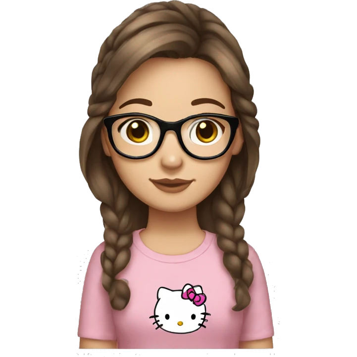 teenage girl, brown hair, brown eyes with glasses, hello kitty outfit emoji