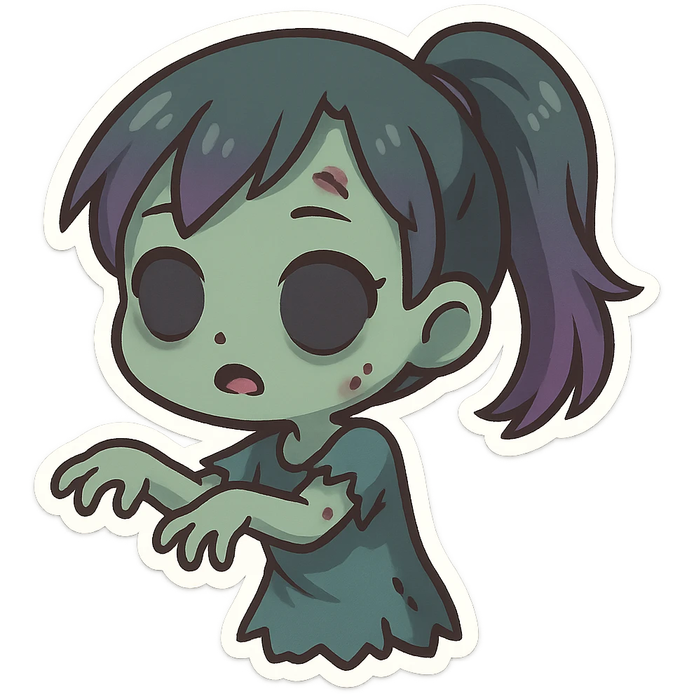 girl zombie with ponytail, purple highlights, cute and spooky emoji