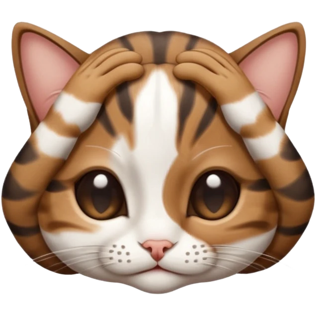 dark brown tabby and white small cat in funny positions upside down with paws covering eyes emoji