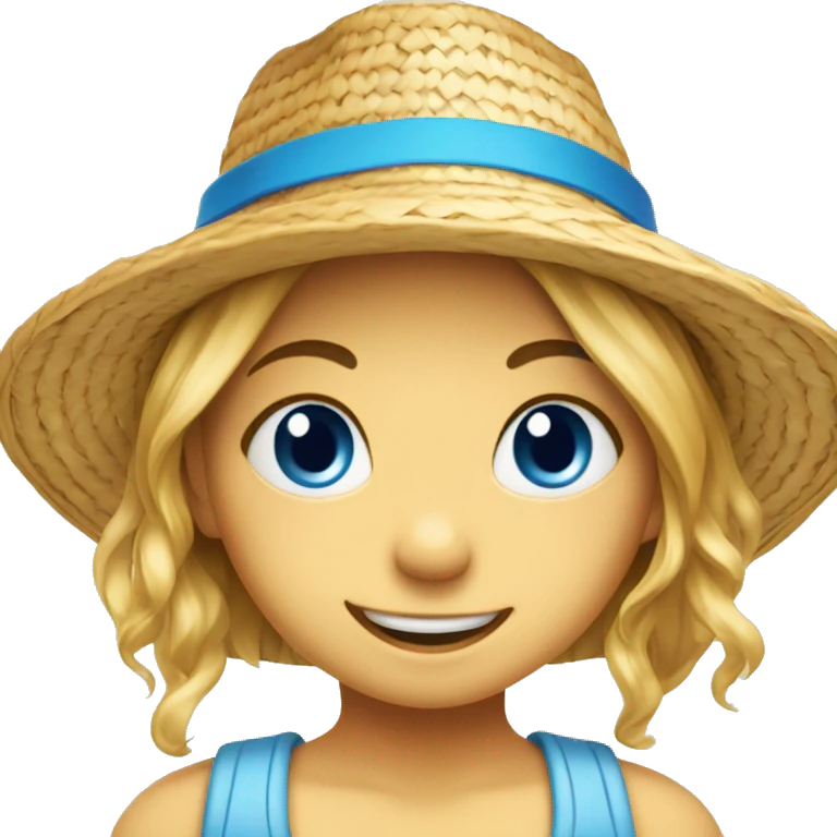 smiling girl in straw hat blue eye emoji